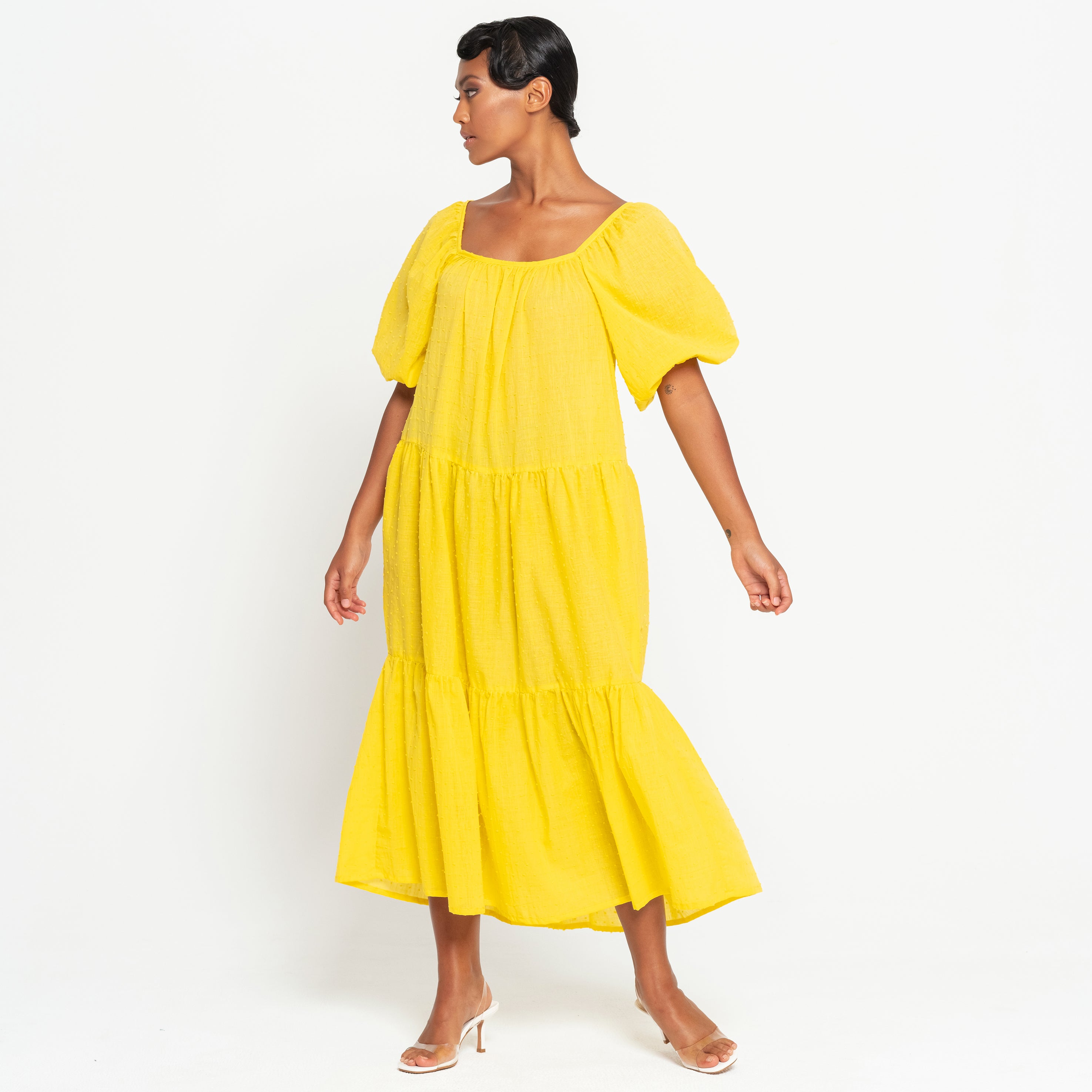 ROSEMARY Dotted Cotton Dress, in Sunflower Yellow - The Peony Haus