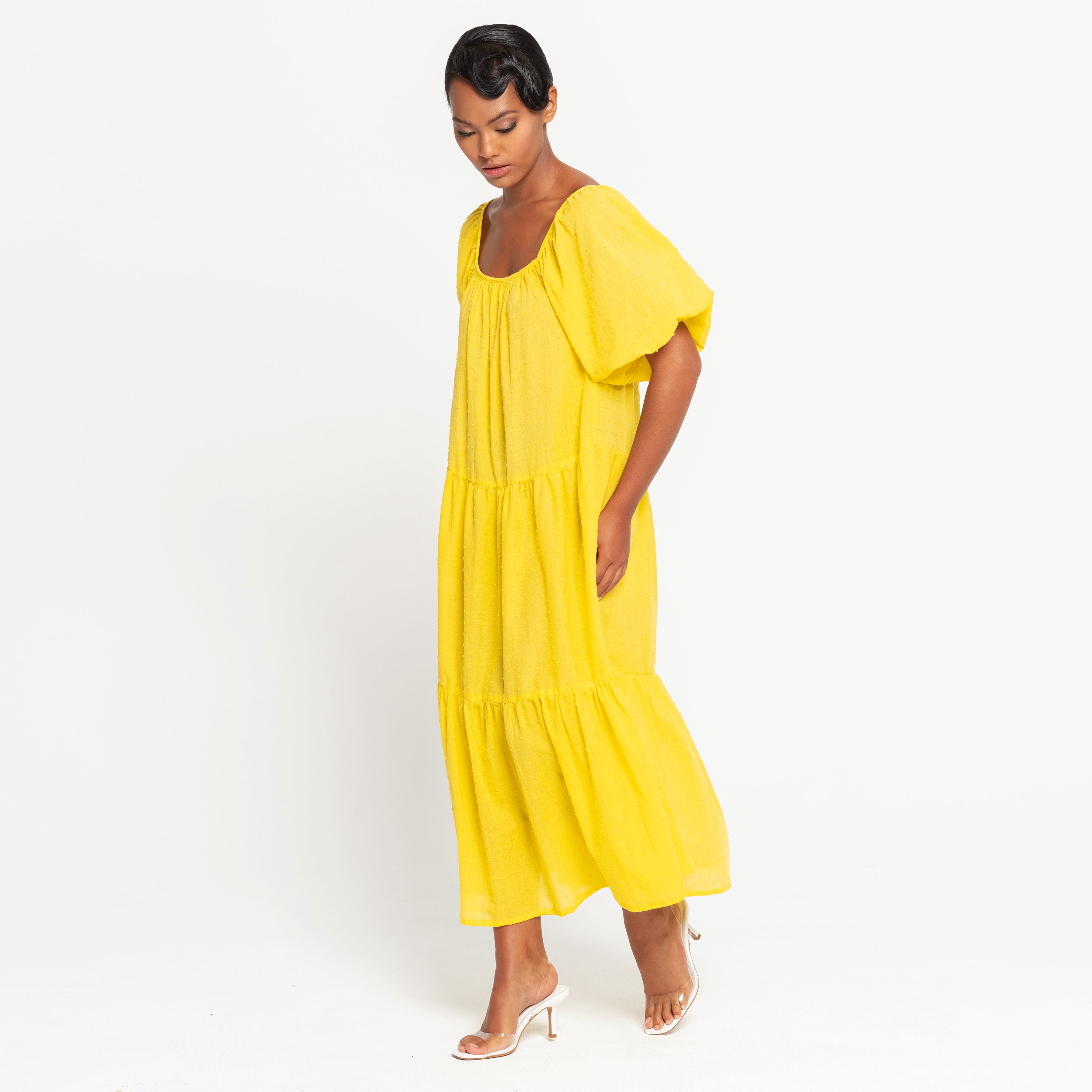 ROSEMARY Dotted Cotton Dress, in Sunflower Yellow - The Peony Haus