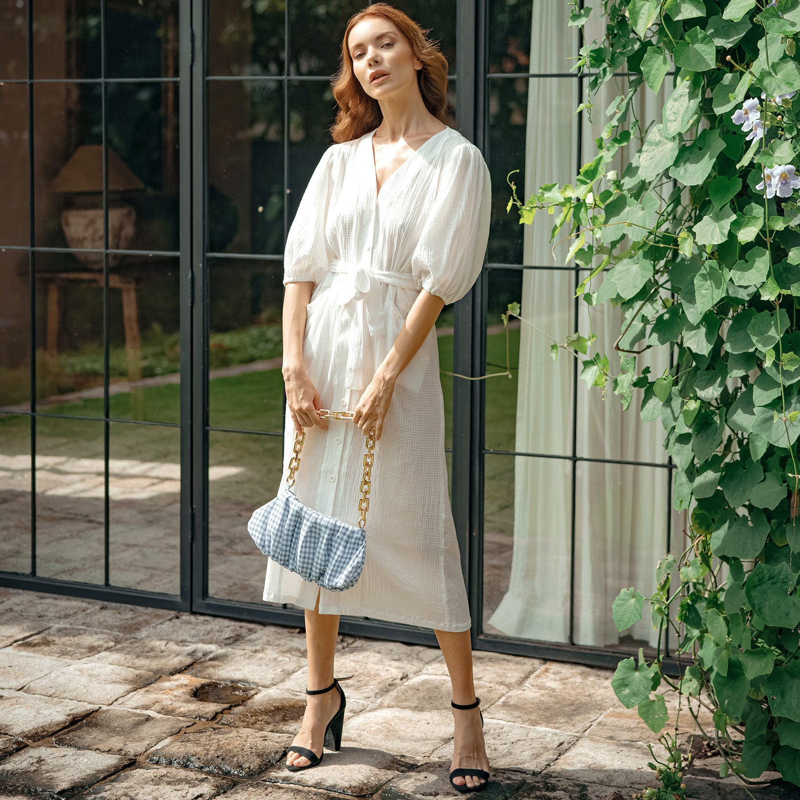Meghan Crinkle Midi Dress, in Off-White - The Peony Haus
