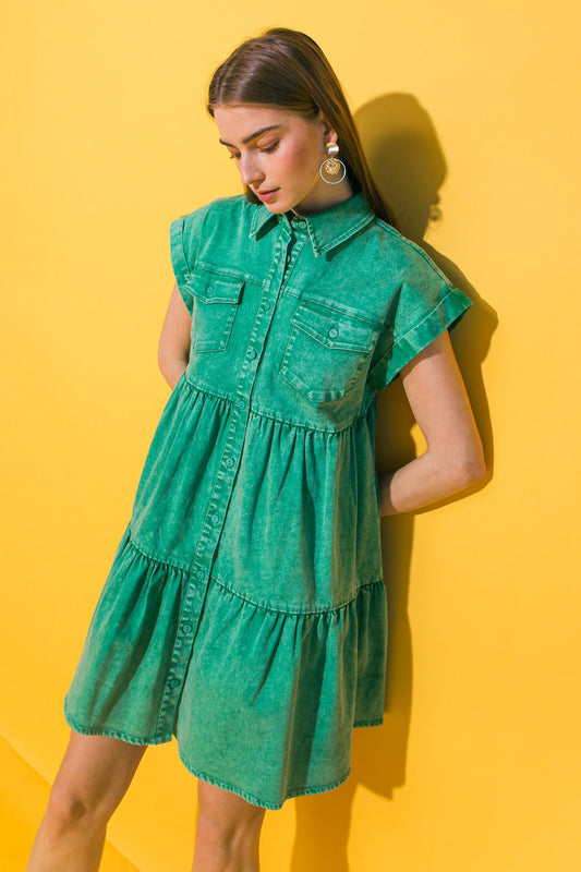 NO DULL MOMENTS DENIM MINI DRESS - 97% Cotton