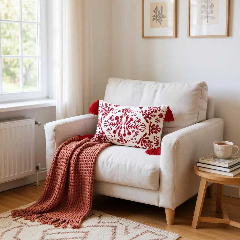 Red & White Embroidered Throw Pillow with Tassels  Handcrafted Elegance for Your Home