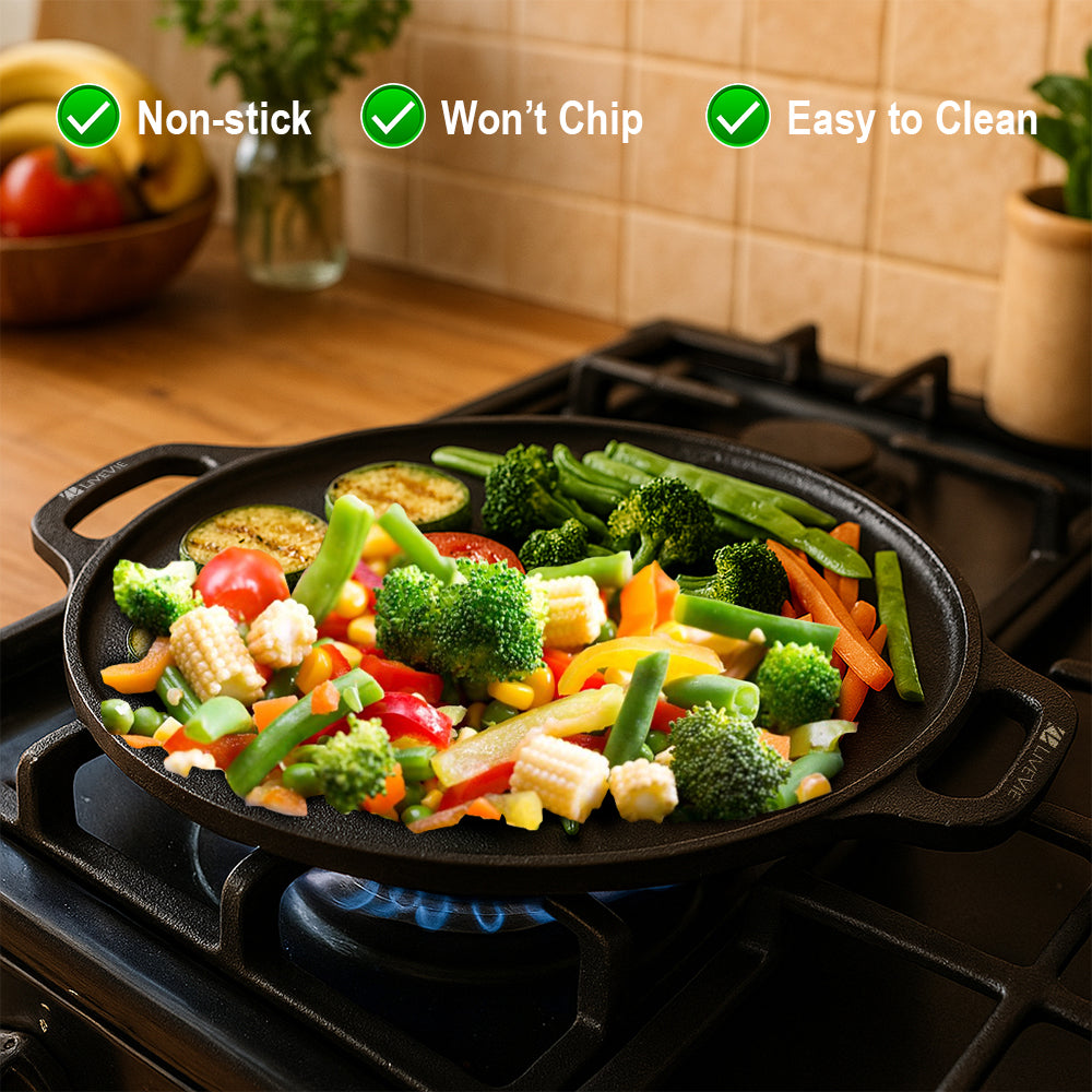 Cast Iron Tawa 12 Inch with Double Handle Pre-Seasoned Flat Tawa for