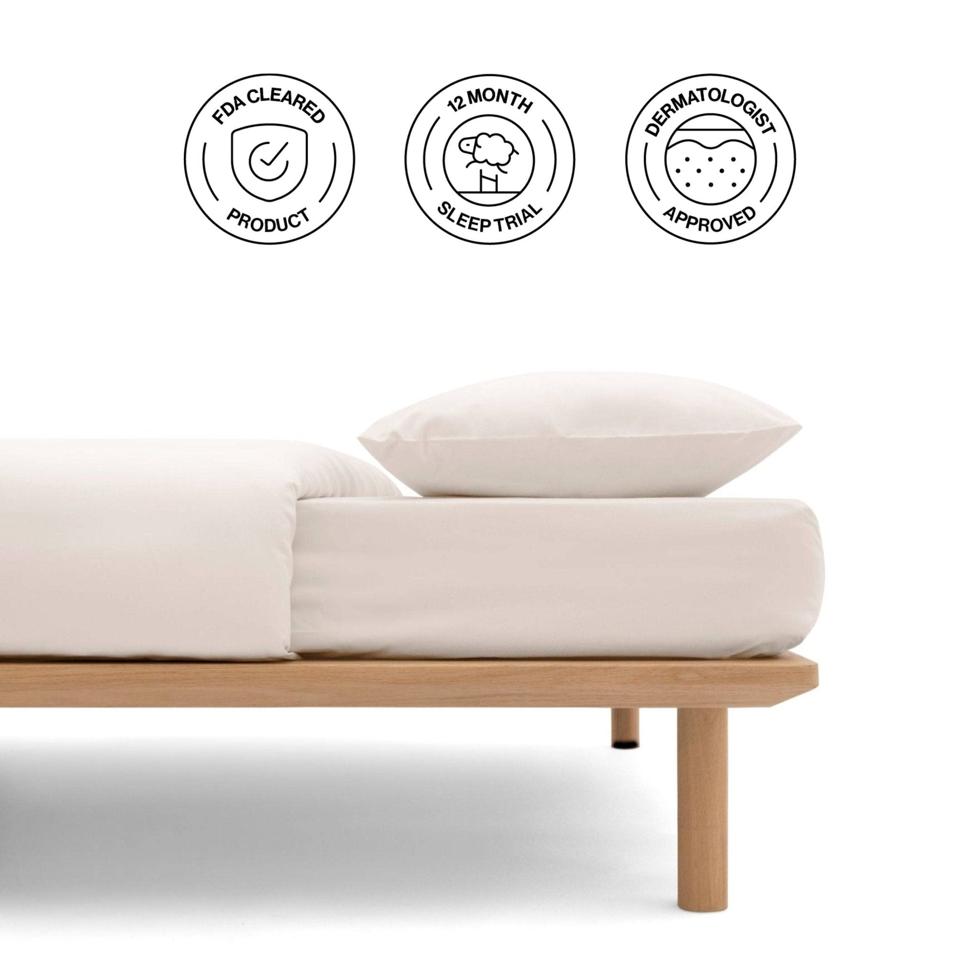 Bed with white bedding and pillows on a white background, featuring certification icons.