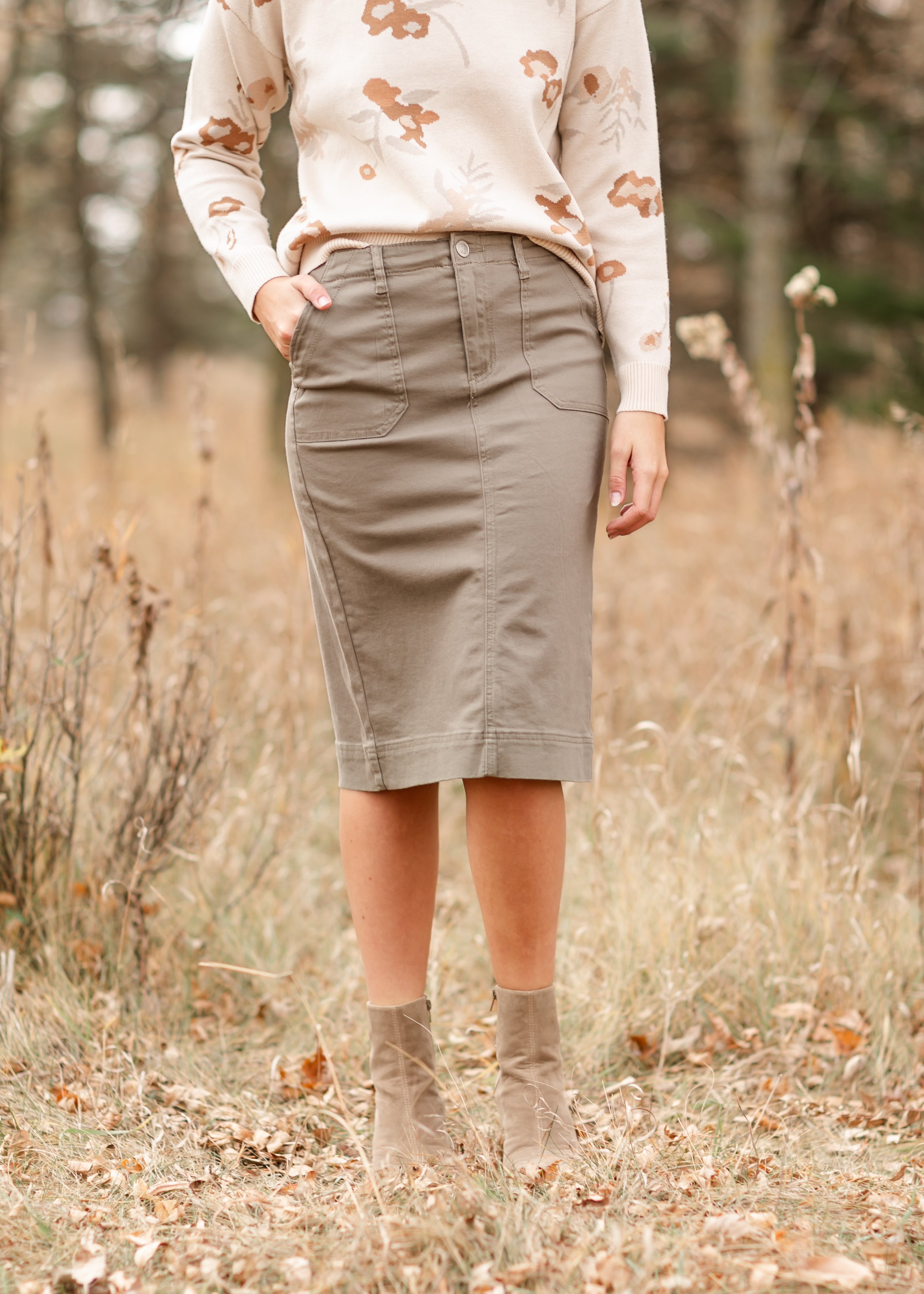 Erica Cotton Twill Midi Skirt - 98% Cotton