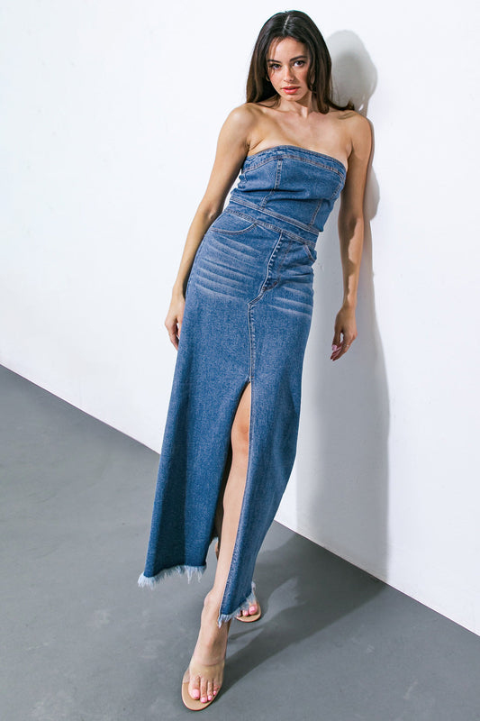 DREAMS COME TRUE DENIM MIDI DRESS - 98% Cotton