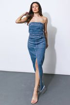 DREAMS COME TRUE DENIM MIDI DRESS - 98% Cotton