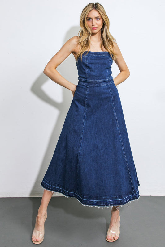 HERE GOES NOTHING DENIM MIDI DRESS - 98% Cotton