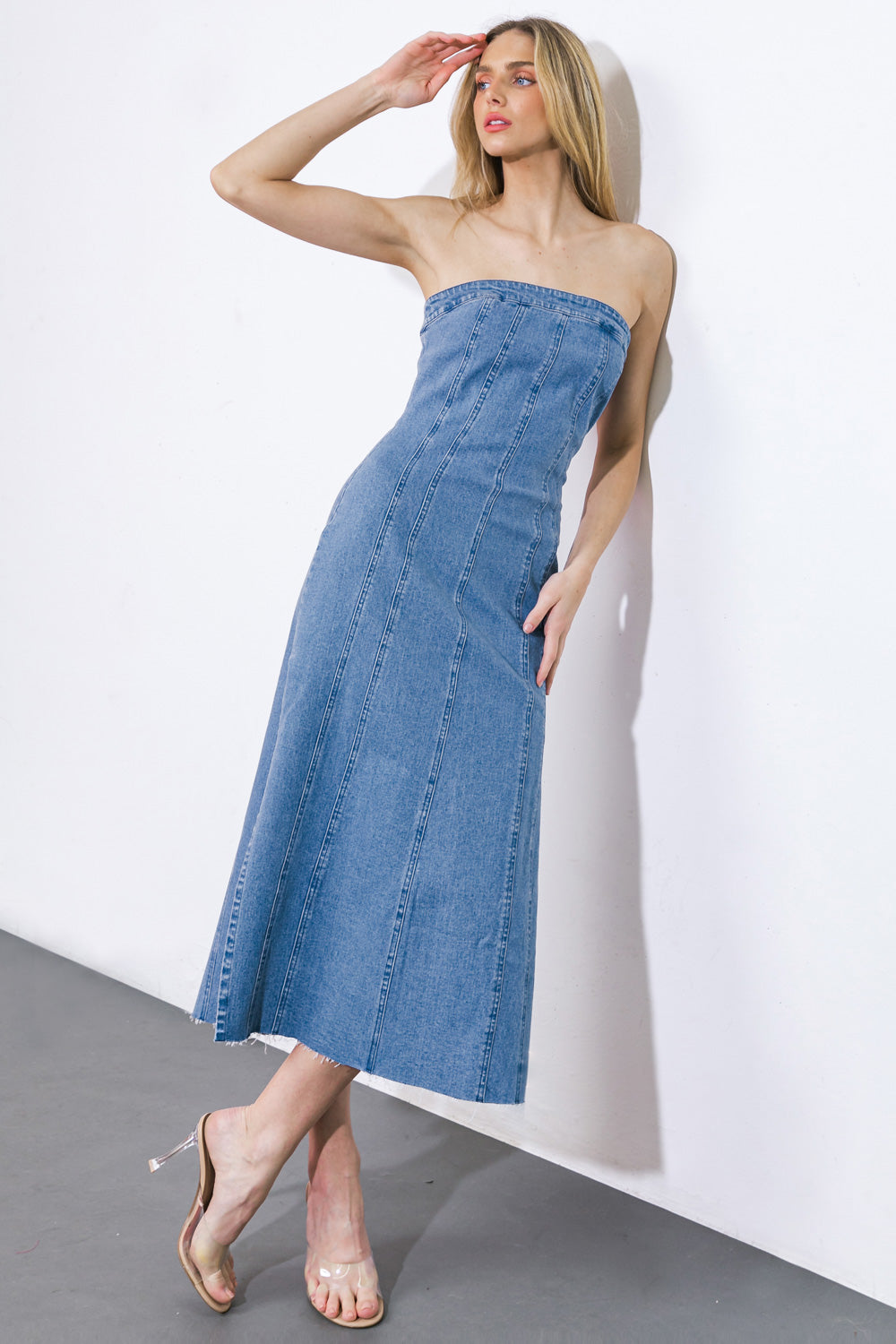 YOU'RE THRIVING DENIM MIDI DRESS - 98% Cotton