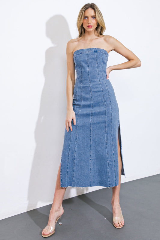 YOU'RE THRIVING DENIM MIDI DRESS - 98% Cotton