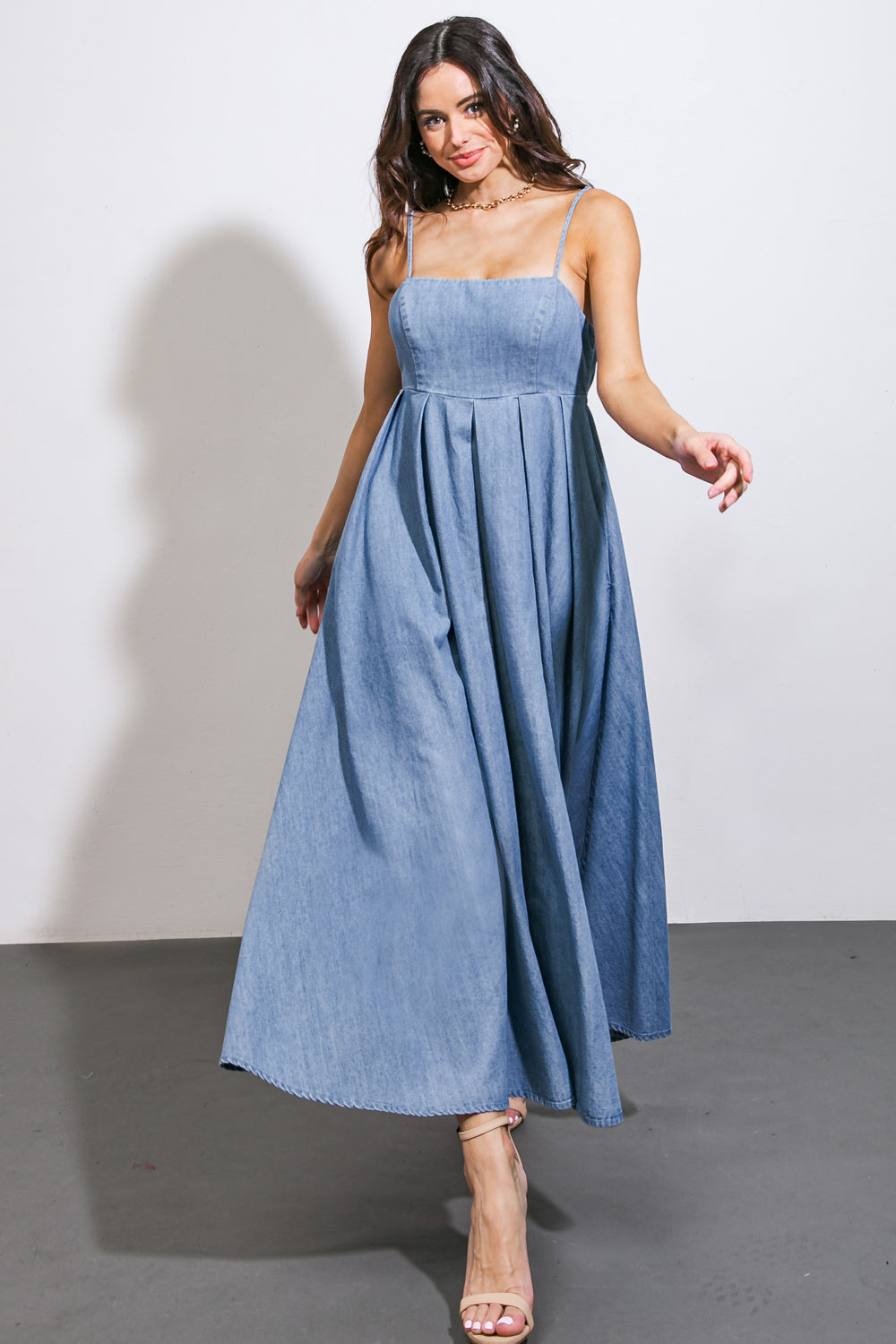 CAPTIVATING HEART DENIM MIDI DRESS - 90% Cotton