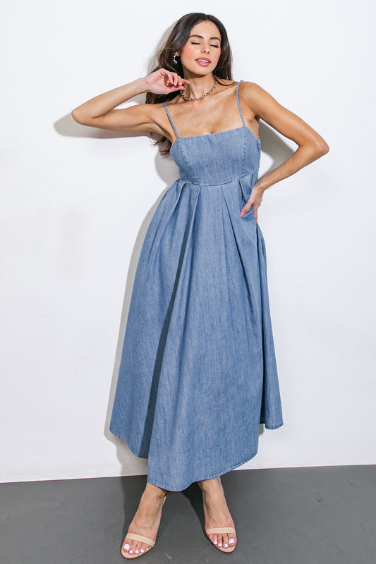 CAPTIVATING HEART DENIM MIDI DRESS - 90% Cotton