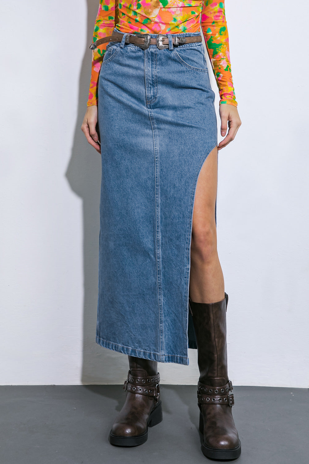 KEEP SHINING DENIM MIDI SKIRT - 92% Cotton