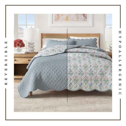 Floral Print & Scallopeded Edge Cotton Quilt Set - Katrin Collection - The Peony Haus