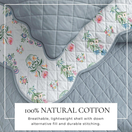 Floral Print & Scallopeded Edge Cotton Quilt Set - Katrin Collection - The Peony Haus