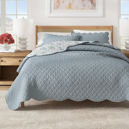 Floral Print & Scallopeded Edge Cotton Quilt Set - Katrin Collection - The Peony Haus
