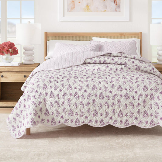 Floral Print & Scallopeded Edge Cotton Quilt Set - Sandie Collection - OEKO-TEX 100 Certified