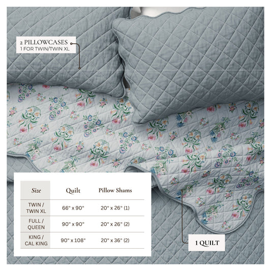 Floral Print & Scallopeded Edge Cotton Quilt Set - Katrin Collection - The Peony Haus