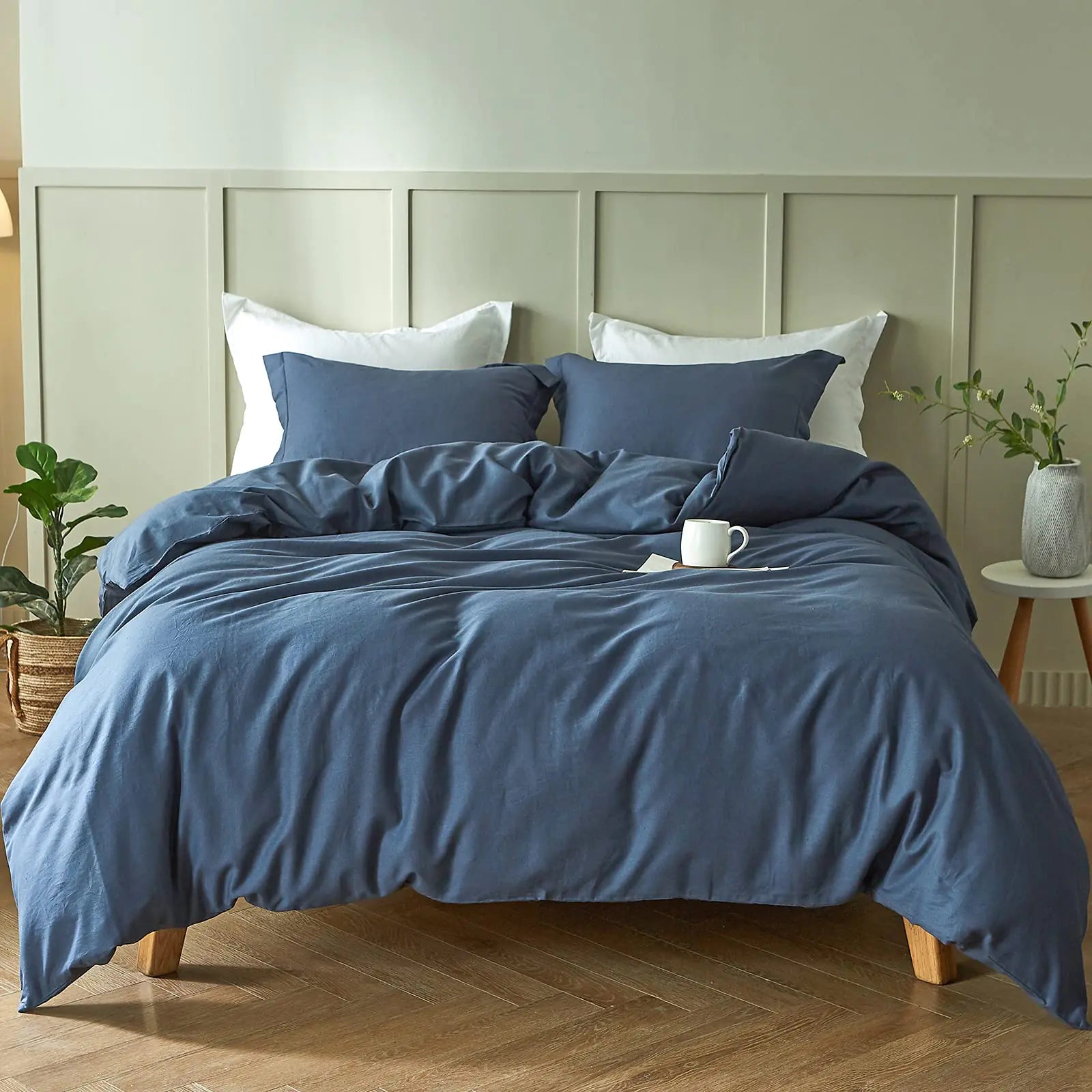 Simple & Opulence French Linen Duvet Cover 3 Piece Queen Set - Navy Blue