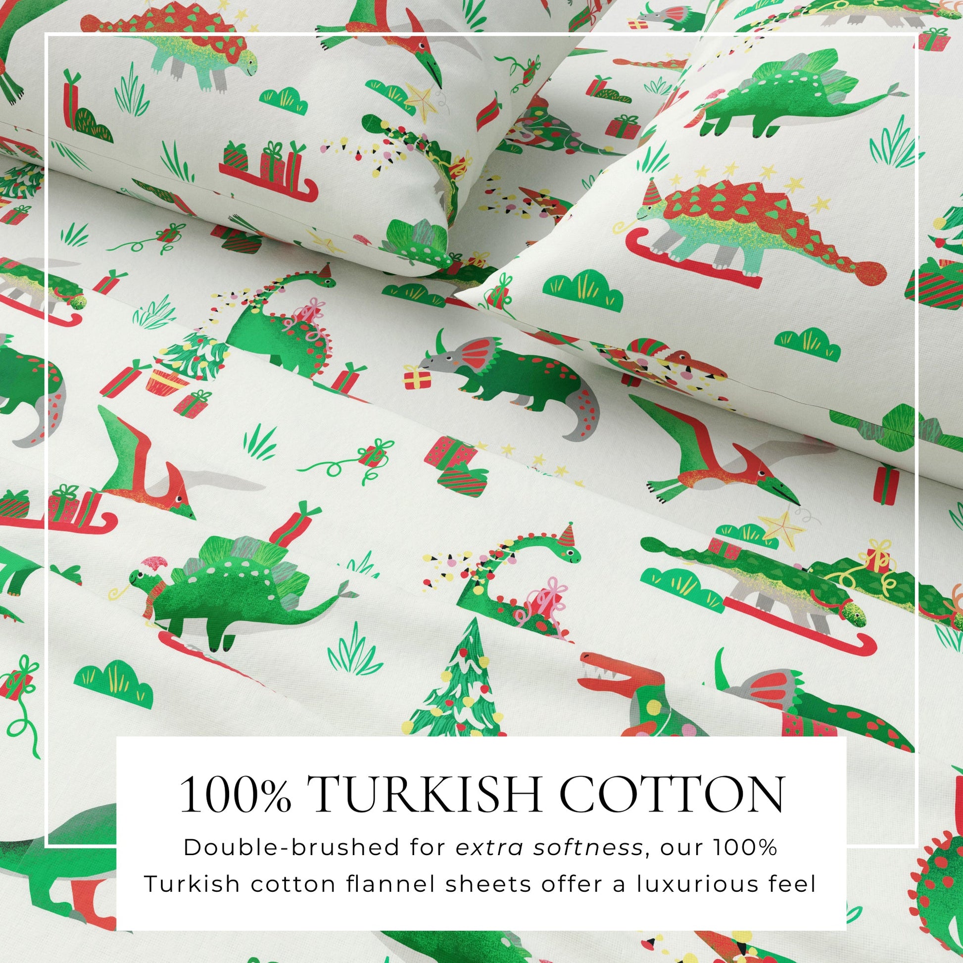 Flannel sheets with dinosaur pattern on a white background, labeled as 100% Turkish cotton.
