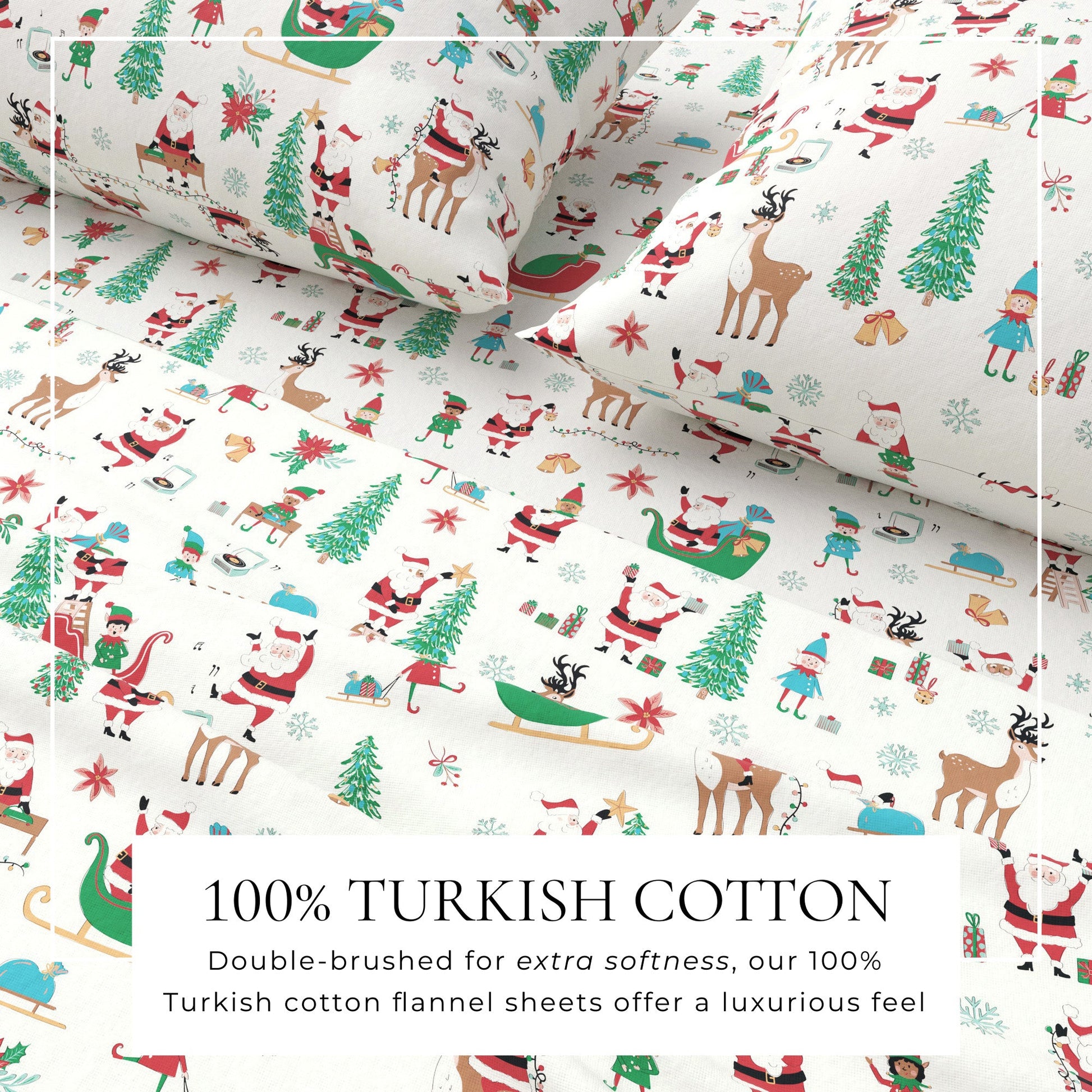 Christmas-themed fabric with Santa Claus, reindeer, and trees on a white background.