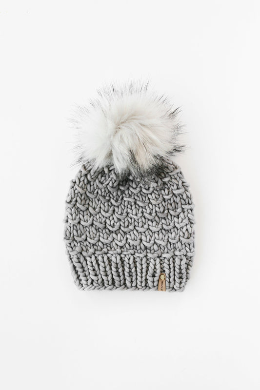 Gray Merino Wool Knit Hat with Faux Fur Pom Pom