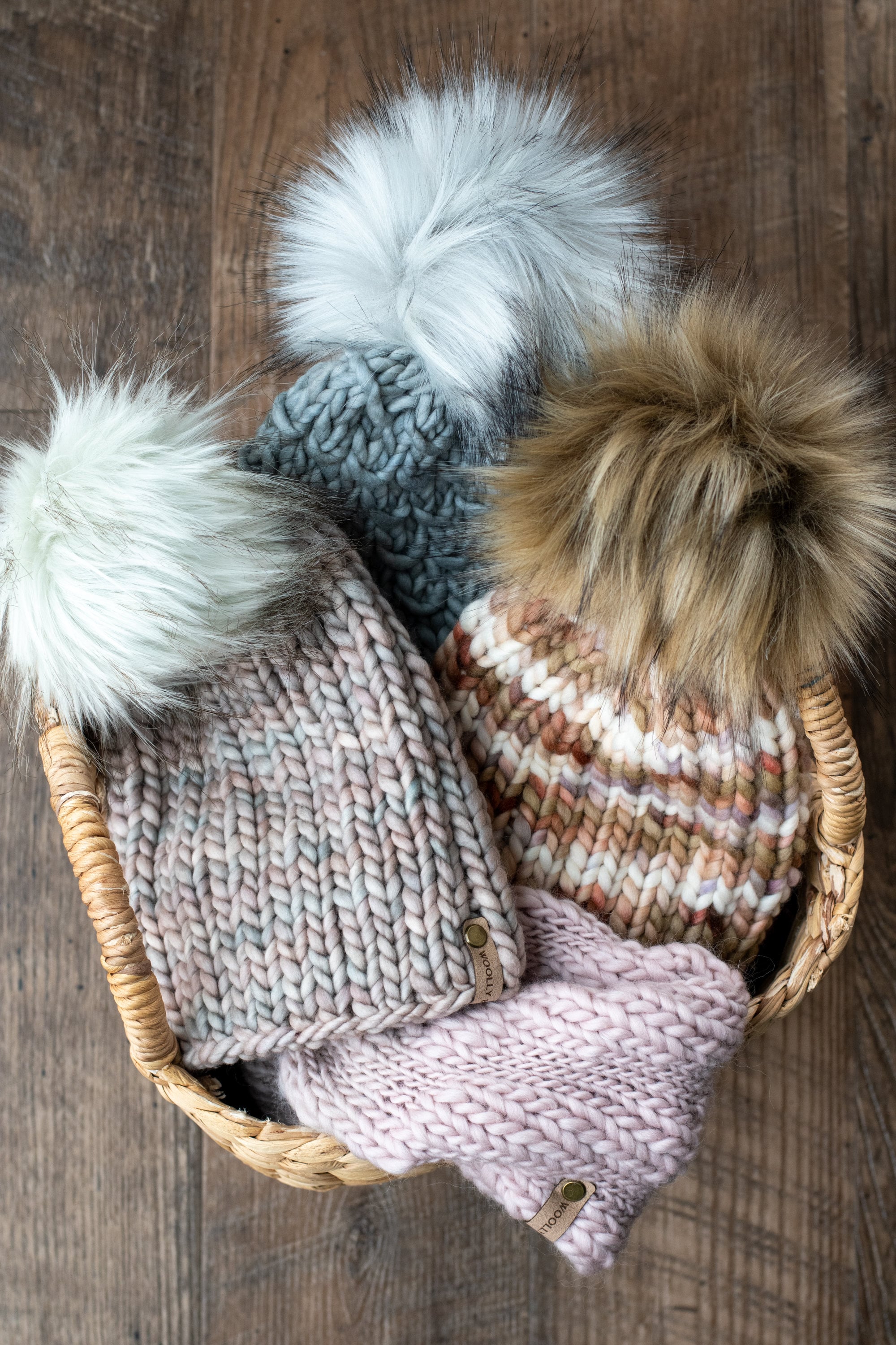 Pearl Gray Merino Wool Ribbed Knit Hat with Faux Fur Pom Pom