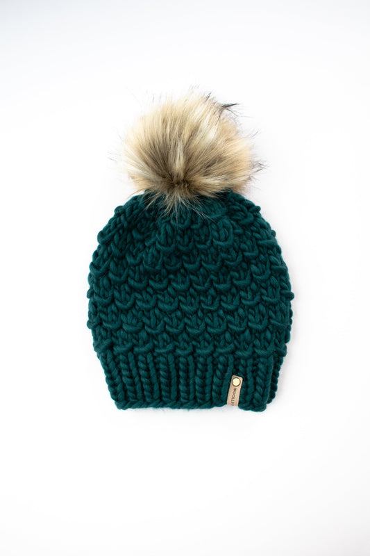 Forest Green Peruvian Wool Knit Hat with Faux Fur Pom Pom