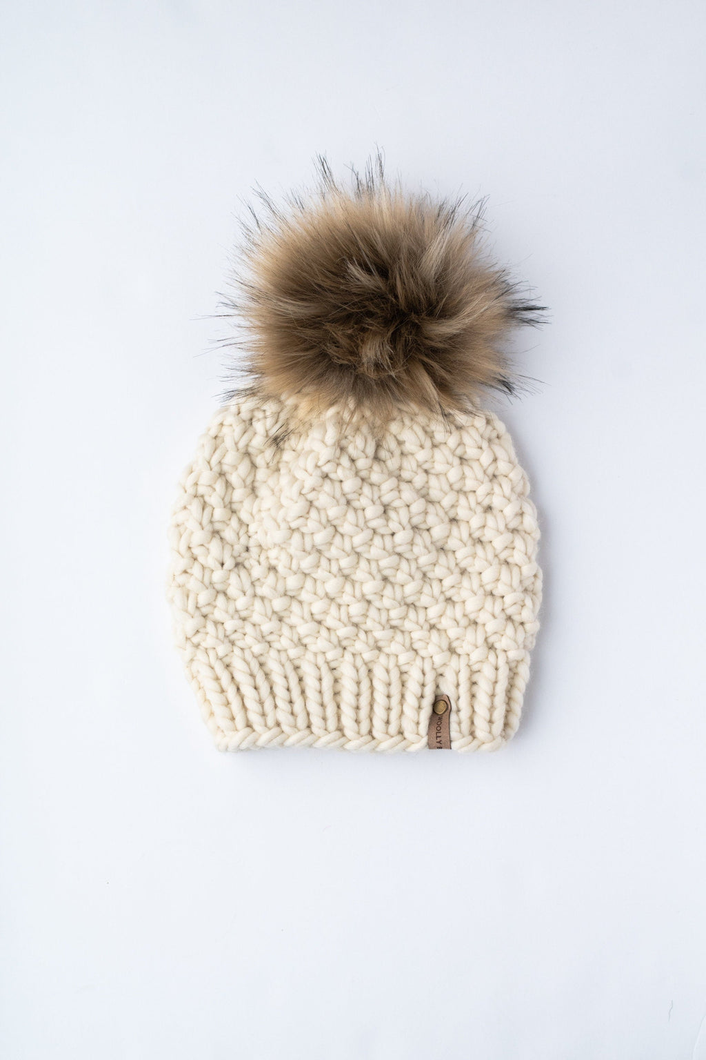 Ivory Peruvian Wool Knit Hat with Faux Fur Pom Pom