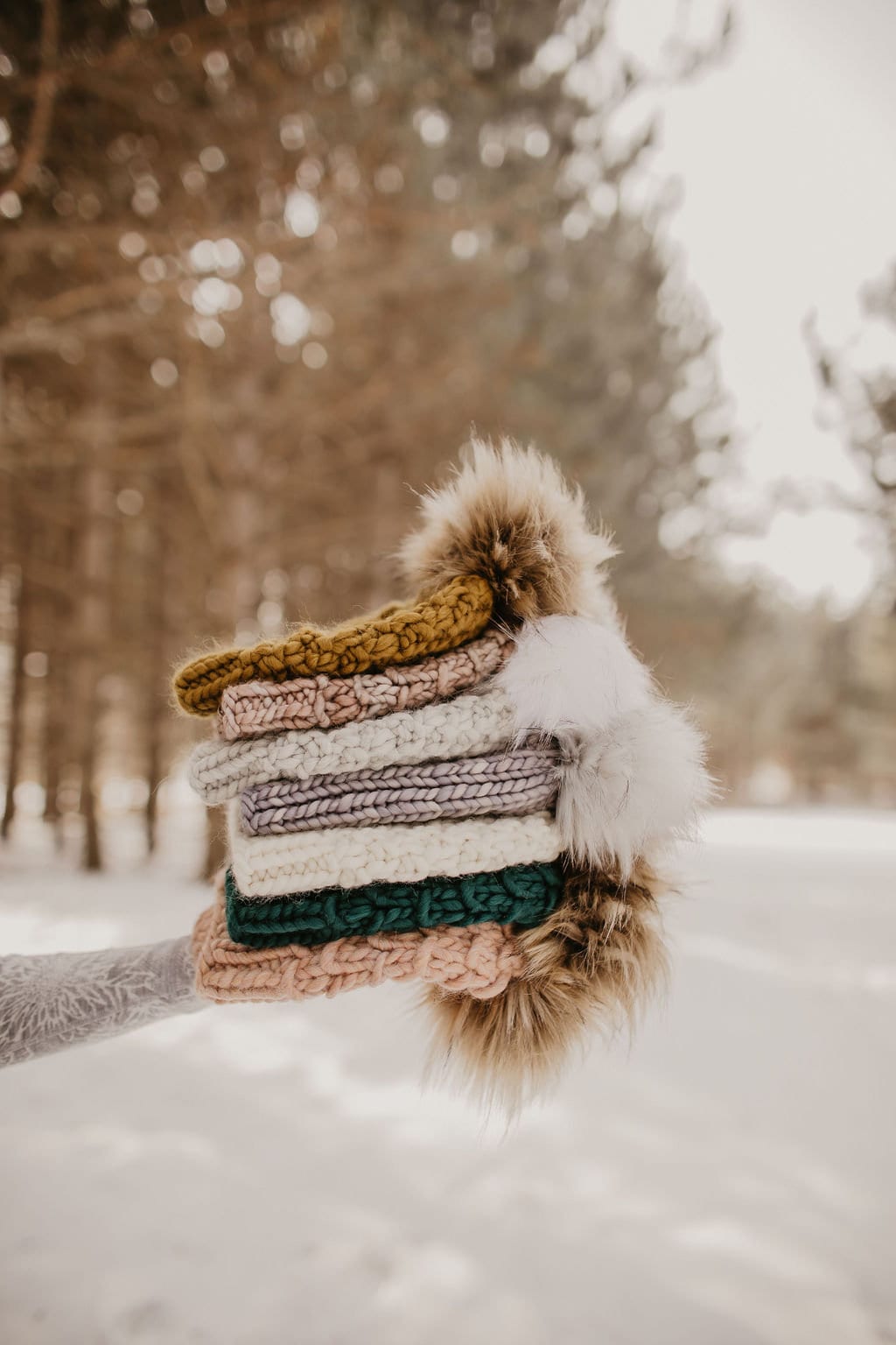 Gray Merino Wool Ribbed Knit Hat with Faux Fur Pom Pom