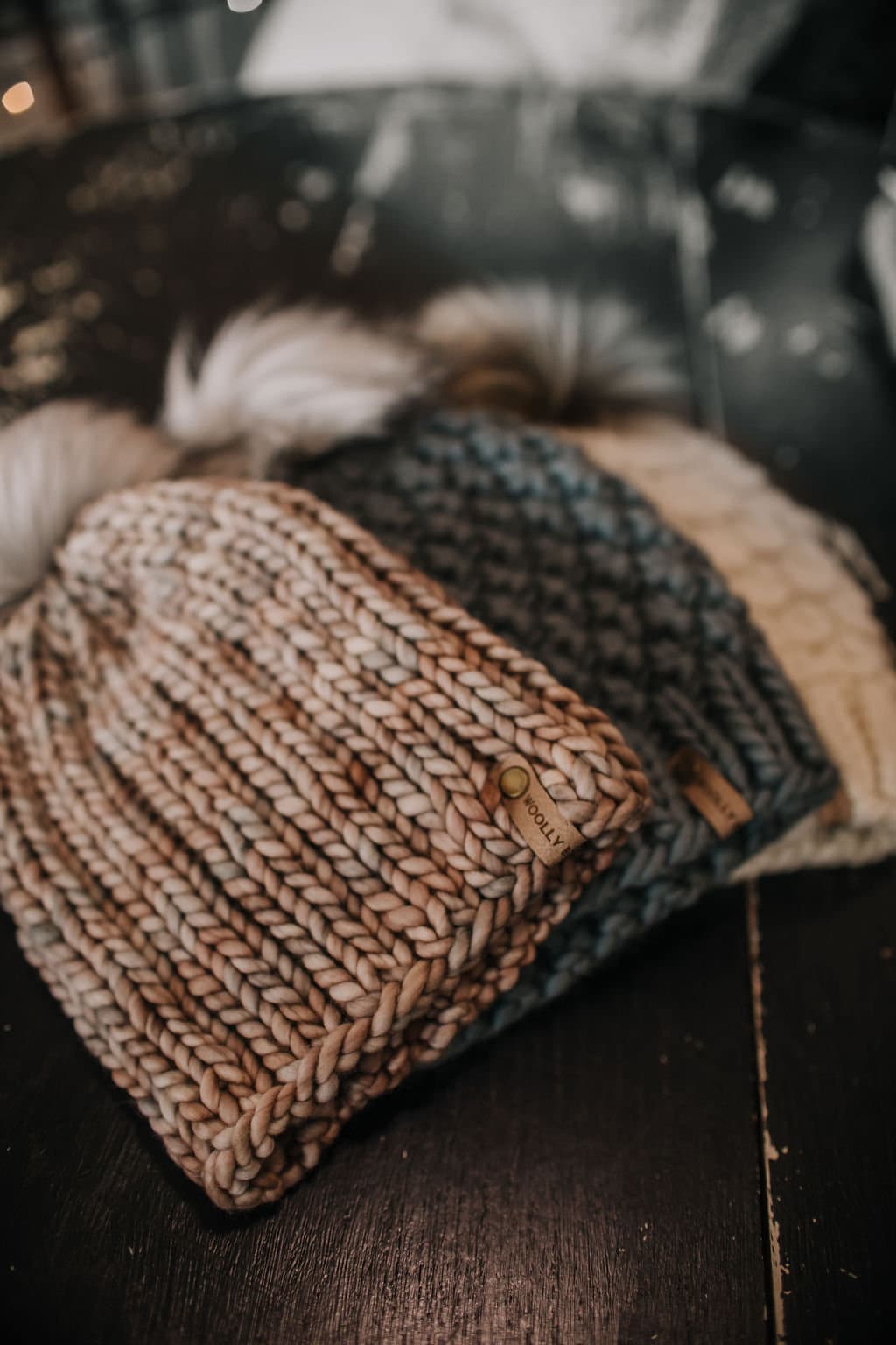 Pearl Gray Merino Wool Ribbed Knit Hat with Faux Fur Pom Pom