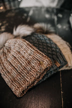 Pearl Gray Merino Wool Ribbed Knit Hat with Faux Fur Pom Pom