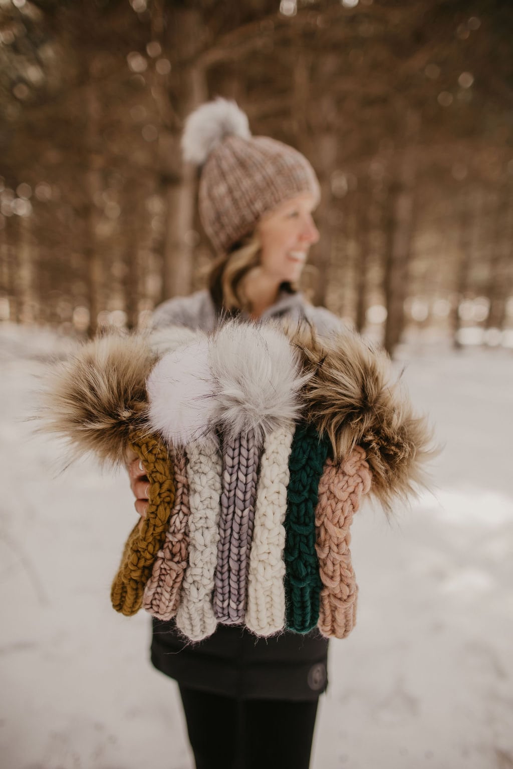 Pearl Gray Merino Wool Ribbed Knit Hat with Faux Fur Pom Pom