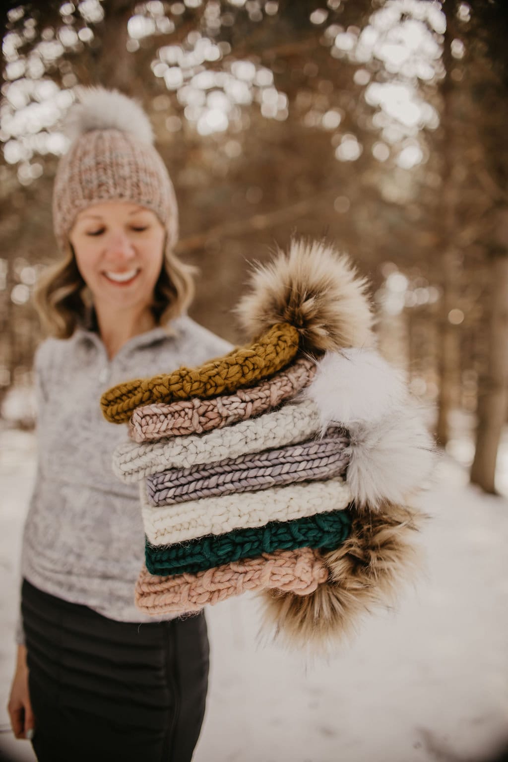 Pearl Gray Merino Wool Ribbed Knit Hat with Faux Fur Pom Pom