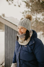Gray Merino Wool Ribbed Knit Hat with Faux Fur Pom Pom