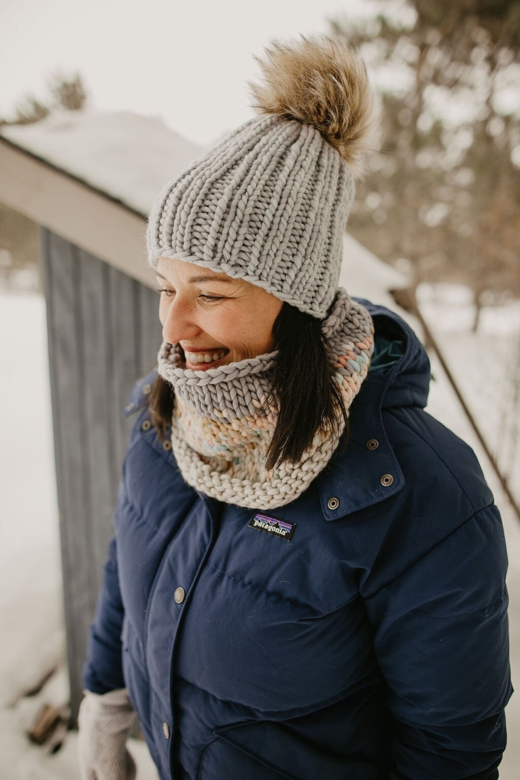 Gray Merino Wool Ribbed Knit Hat with Faux Fur Pom Pom