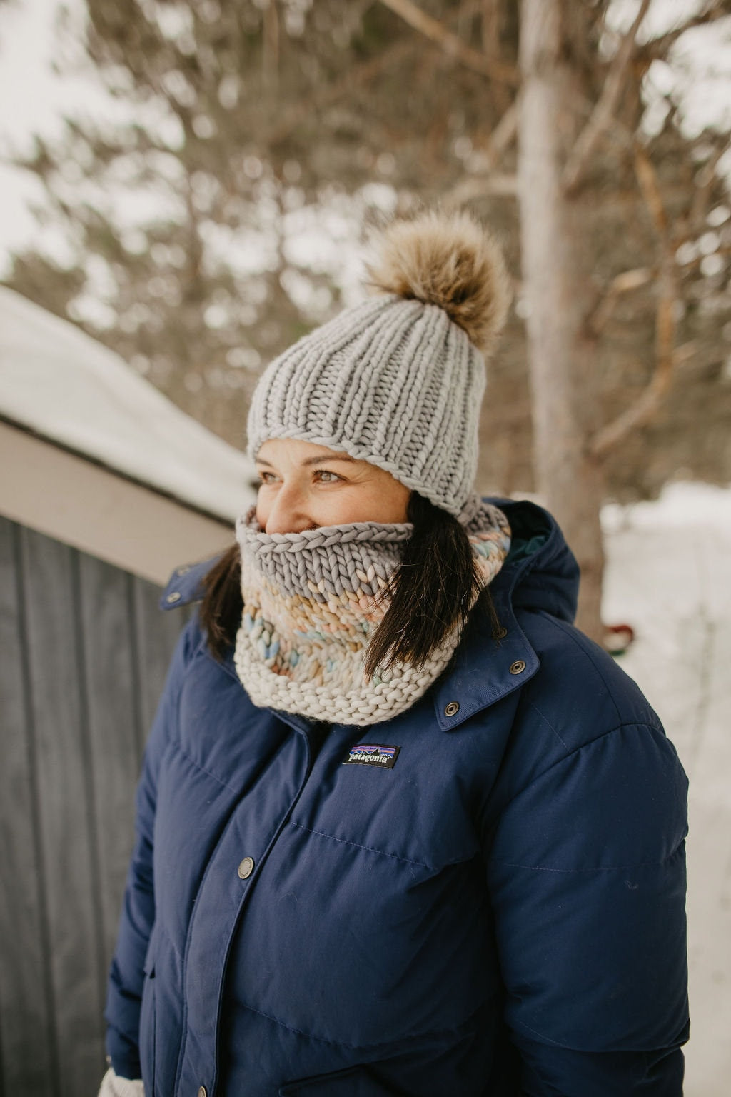 Gray Merino Wool Ribbed Knit Hat with Faux Fur Pom Pom