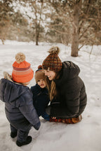 Brown Multi-Color Merino Wool Ribbed Knit Hat with Faux Fur Pom Pom