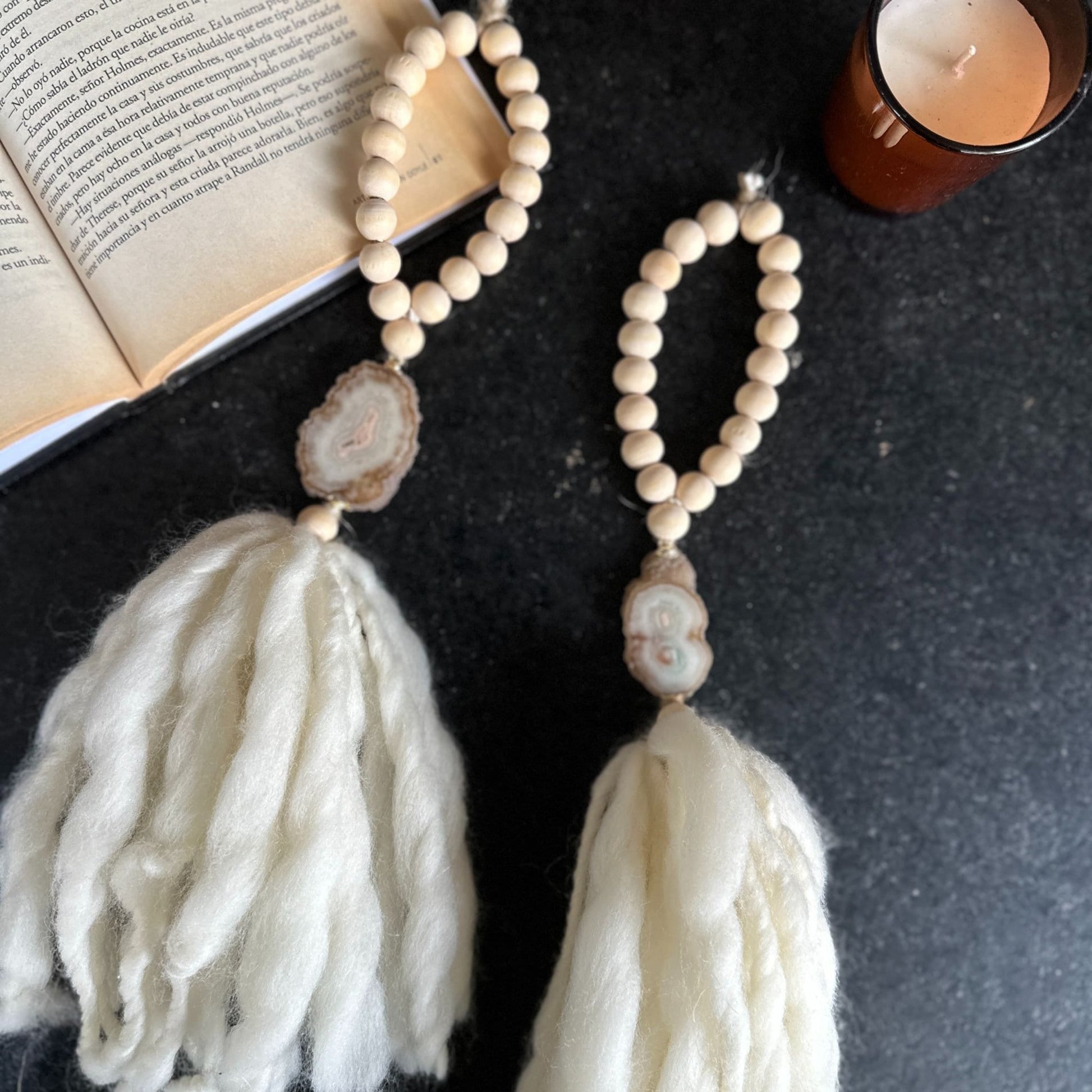 Beaded Garland with Tassels made from Merino Wool and Stalactite Crystal, One of a kind decor piece, Boho Beads for Coffee Table