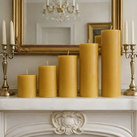 Four Inch Wide Beeswax Pillar Candles Full Set