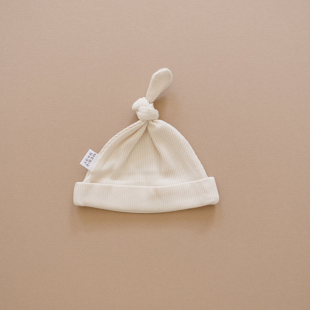 Vanilla Organic Ribbed Newborn Knot Hat- 95% Organic Cotton