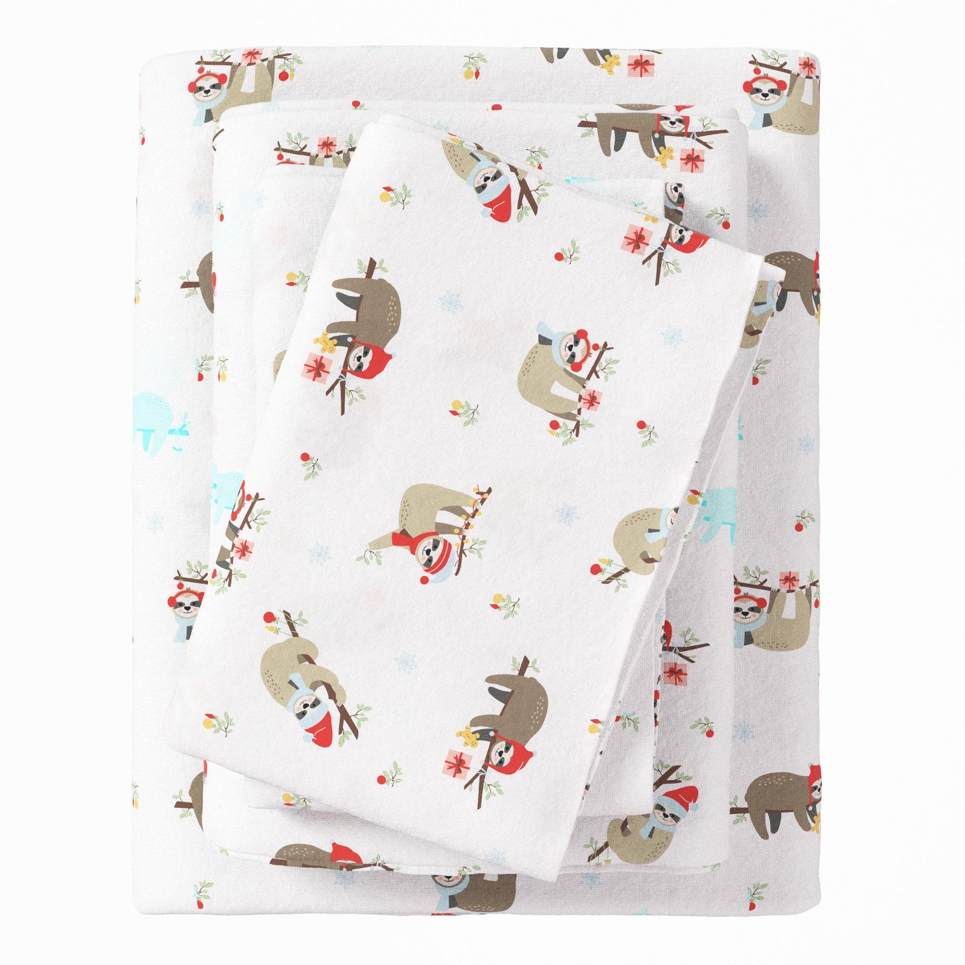 Flannel fabric with sloth pattern on a white background