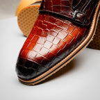 55-112-CGN LEGERRA Hand Burnished Crocodile Print Monkstrap Cognac