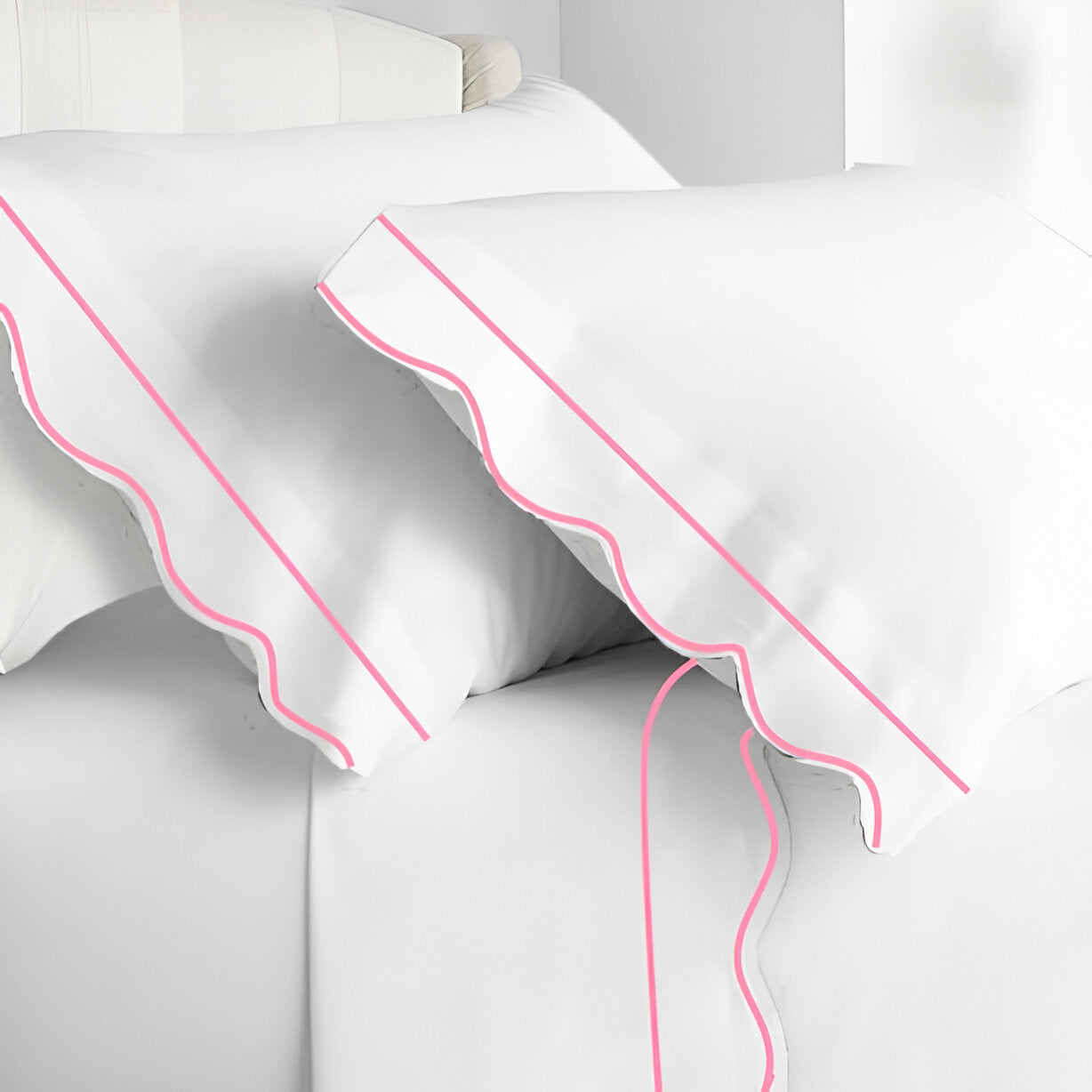 400TC Cotton Scallop Embroidery & Border Sateen Solid Pillowcases (Set Of 2)