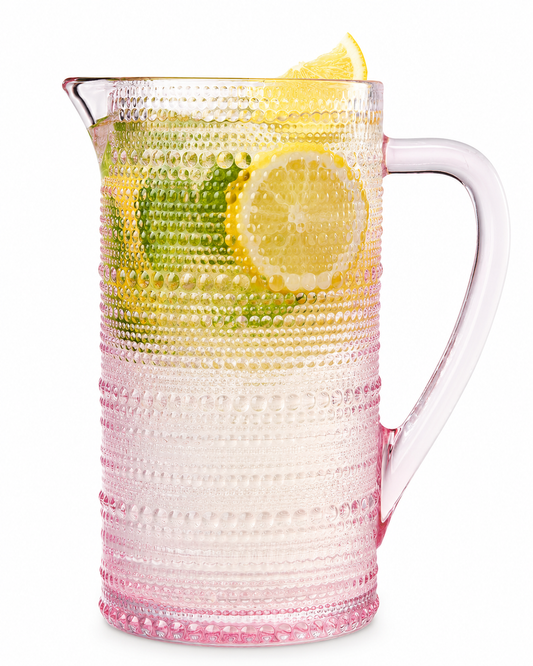 Khen Hobnail Pitcher, Vintage Style Textured Artisan Design Borosilicate Glass Beverage Server Drinkware - 7.8 Inch Pink