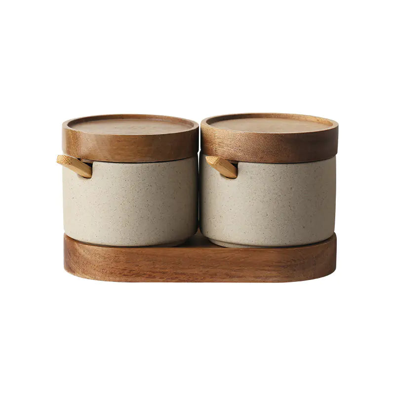 Ceramic Kitchen Seasoning Pots with Acacia Wood Tray