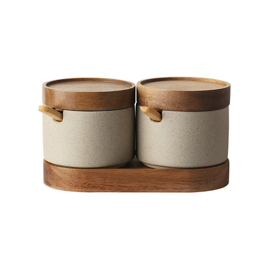Ceramic Kitchen Seasoning Pots with Acacia Wood Tray - The Peony Haus