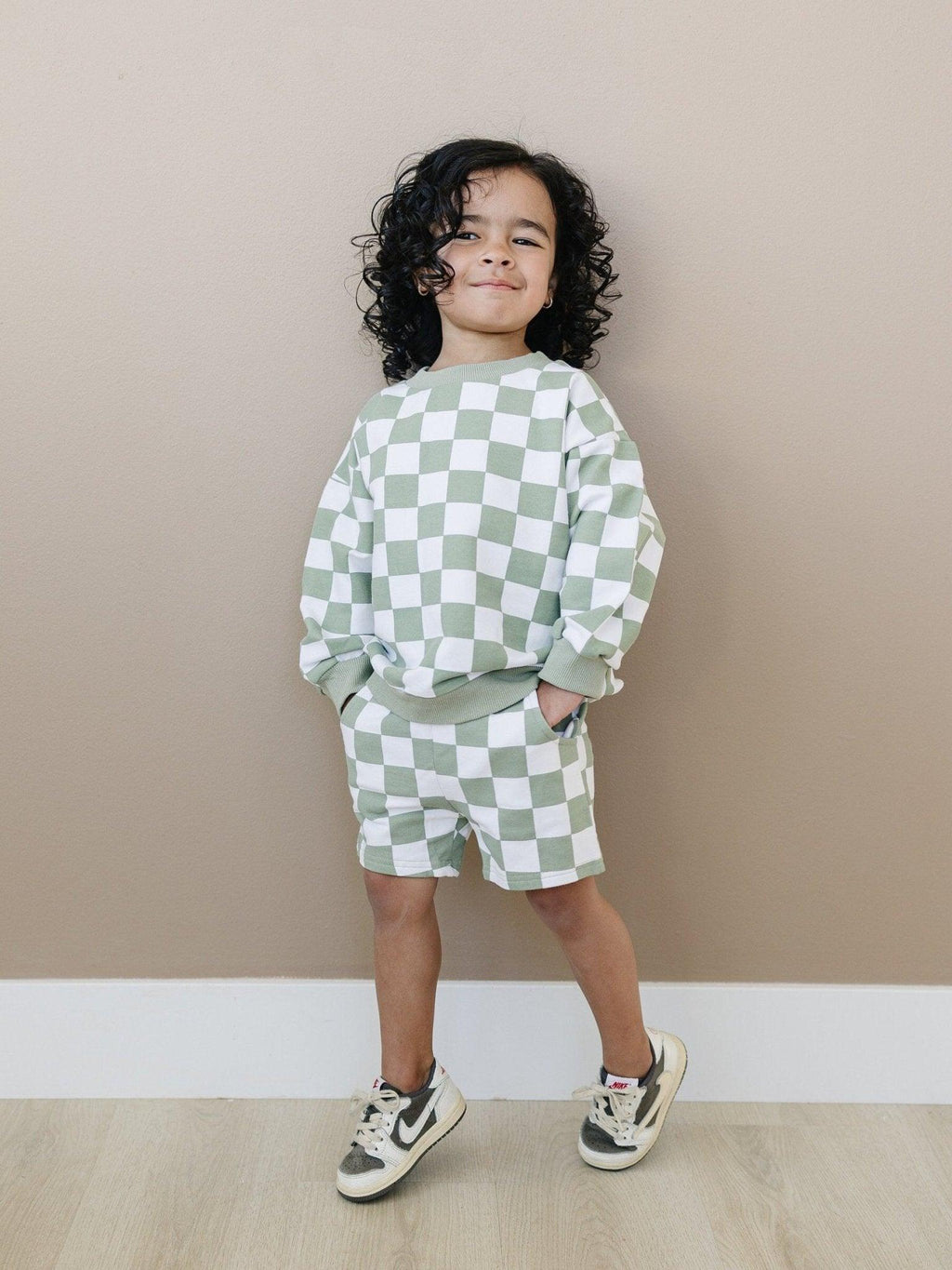 Organic Cotton Checkered Crewneck & Shorts Set - 95% Cotton