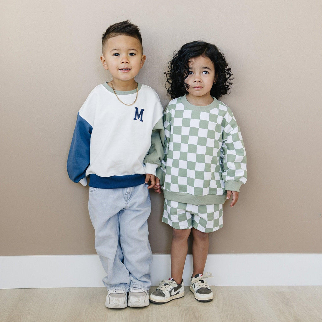 Organic Cotton Checkered Crewneck & Shorts Set - 95% Cotton