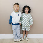 Organic Cotton Checkered Crewneck & Shorts Set - 95% Cotton