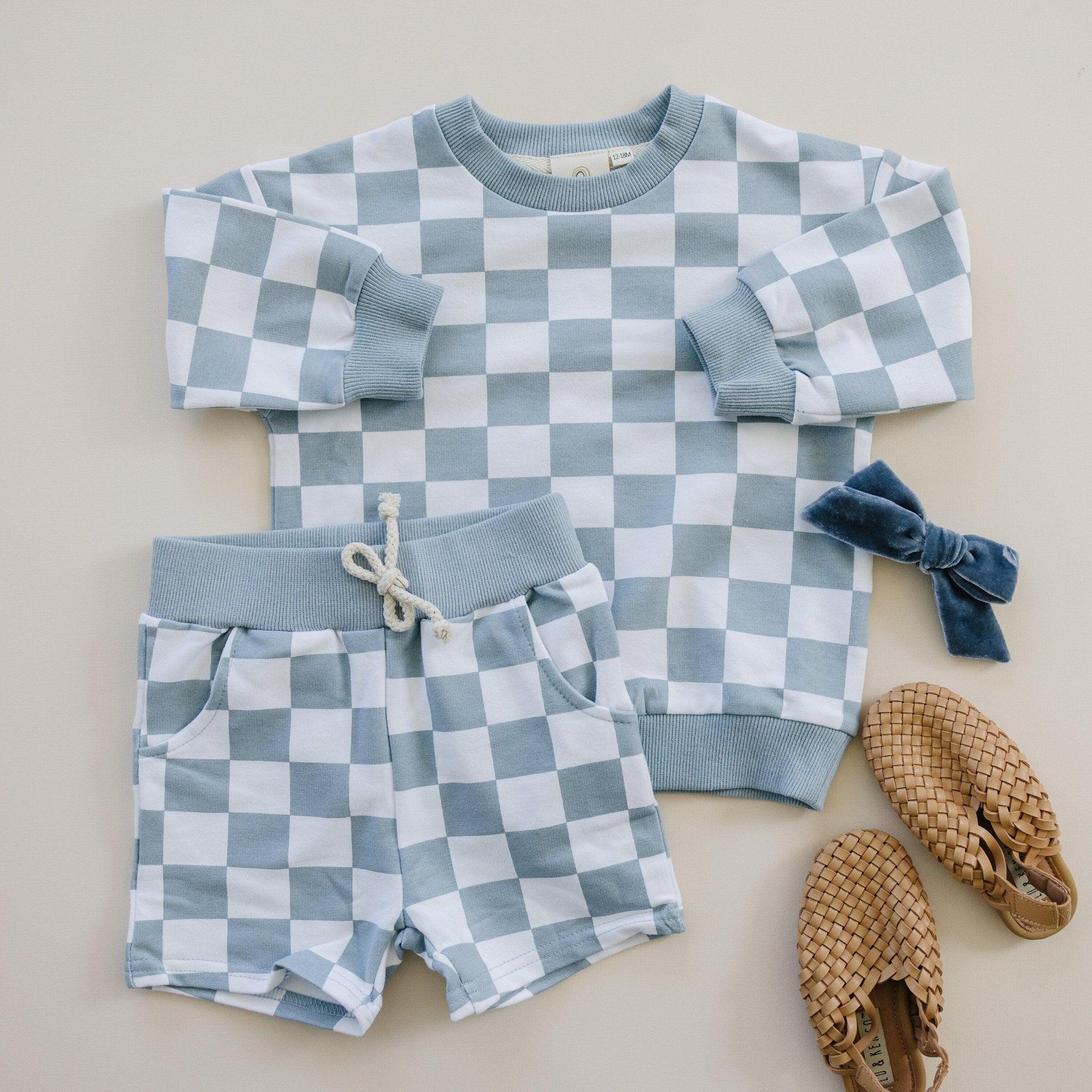 Organic Cotton Checkered Crewneck & Shorts Set - 95% Cotton